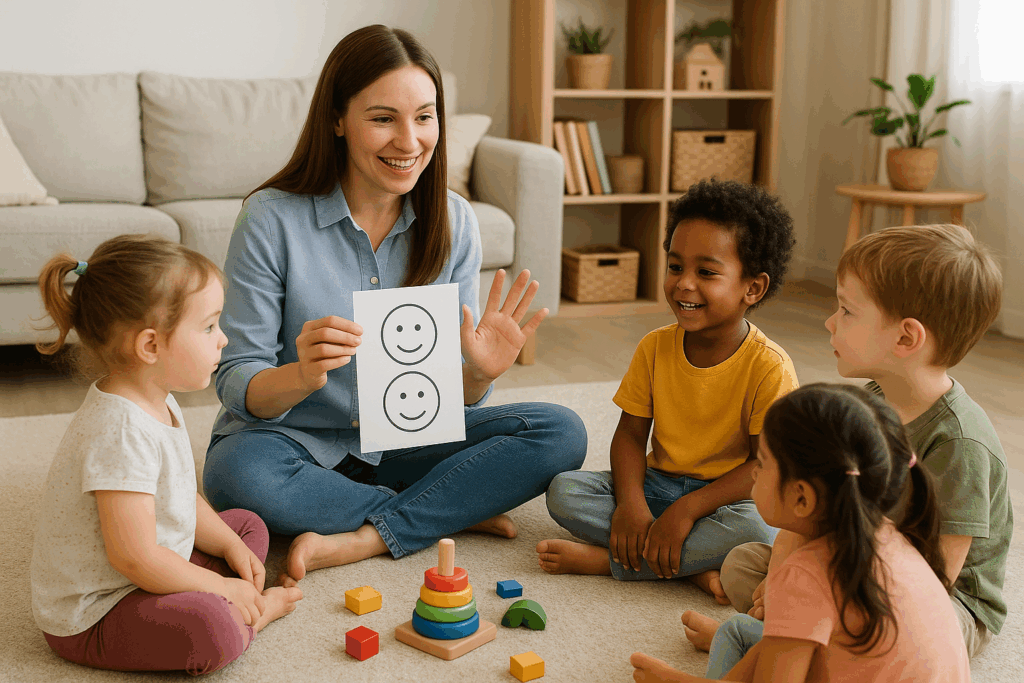 Teacher showing smiley faces to preschool children